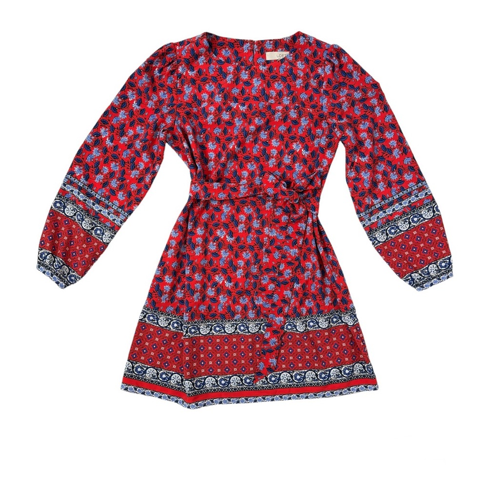 LOFT Red Border Floral Dress Tie Waist Blue White Tunic SZ Extra Small Petite